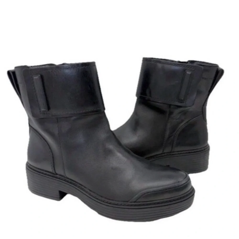 Franco Sarto Karrie Black Leather Ankle Boots Womens Block Heel Side Zip Sz 8.5